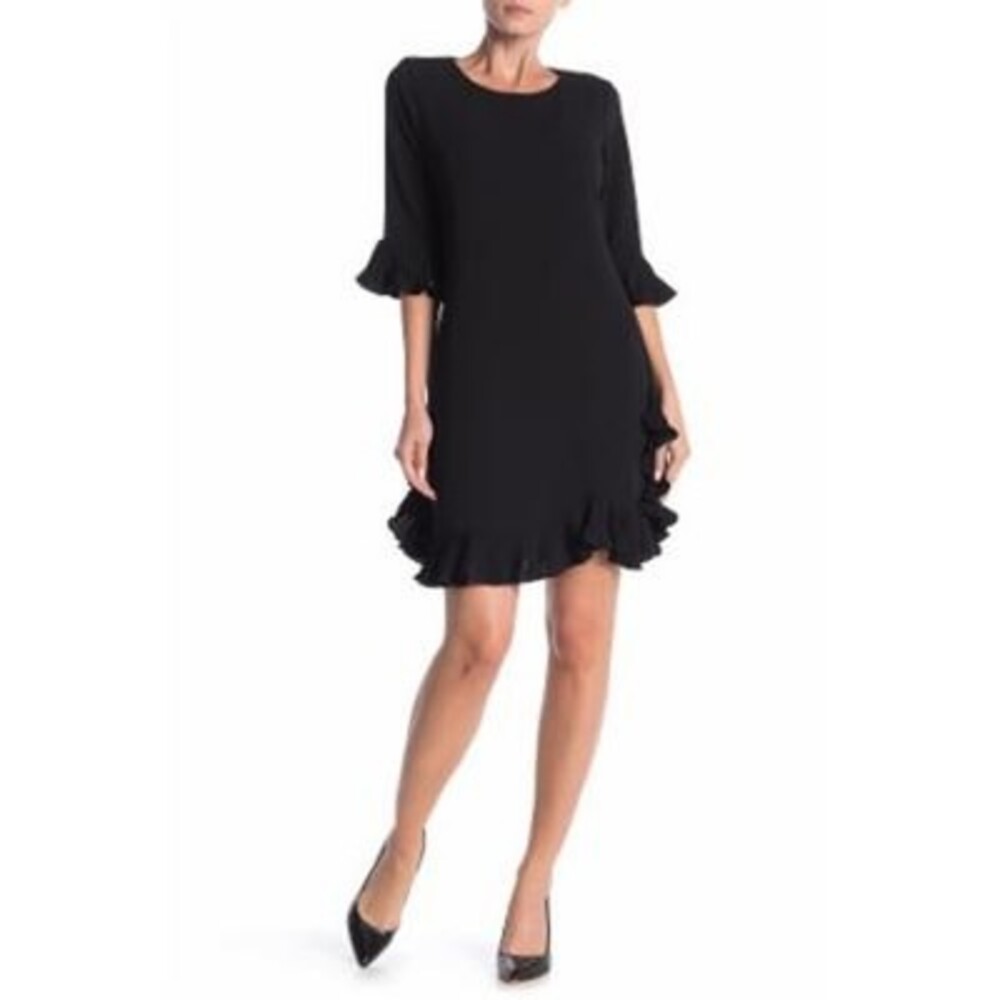 MSK Pleated Ruffle-Trim 3/4-Sleeve Dress Women's M Black Button Back Closure